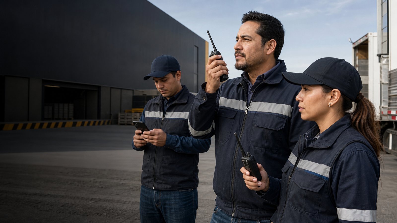 Personal de logística y supervisión comunicándose con radios Push to Talk